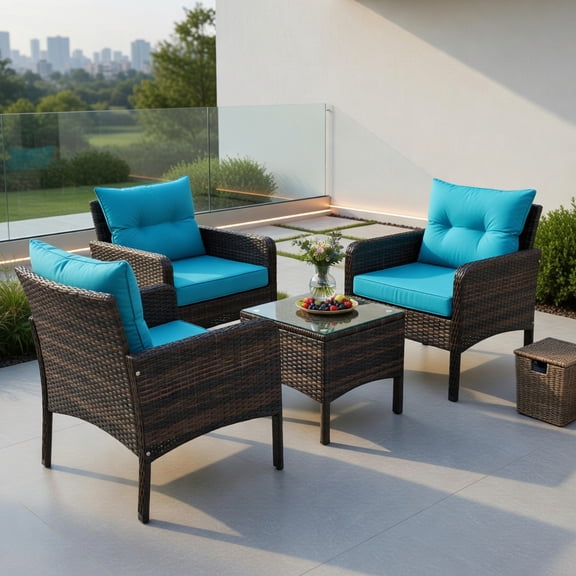 3-Piece Outdoor Rattan Patio Conversation Set with Turquoise Cushions – Wicker Chairs & Coffee Table for Backyard, Balcony, Poolside