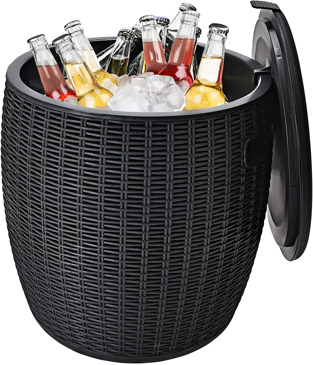 FASCK 9.5 Gallon Ice Cooler, Wicker Round Ice Chest, Outdoor Beer Wine Ice Bucket, Top Lid Side Handles Drainage Plug, Weather-resistant Patio Cool Bar Table for Cocktail Party Poolside Deck