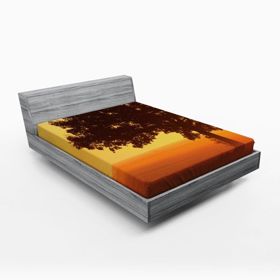 Ambesonne Tree Fitted Sheet, Countryside Farm Sunrise, Queen Size, Brown Orange
