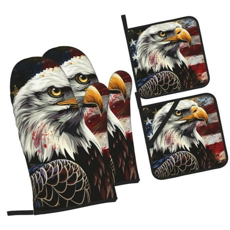

Zeuib Retro American Eagle A Oven Mitts and Potholders BBQ Gloves Kitchen Oven Glove High Heat Resistant 500 Degree Extra Long Oven Mitts and Potholder with Non-Slip Silicone Surface for Cooking