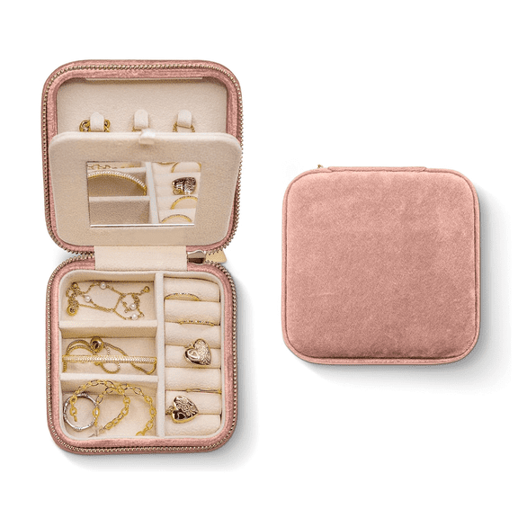 PRICHOR Velvet Jewelry Box – Travel Jewelry Case Organizer with Mirror – Best Gifts for Daughter Girlfriend Mom – Gifts for Her – Dusty Pink