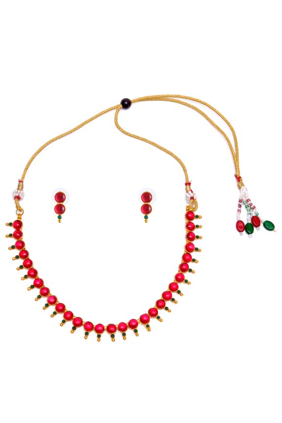 Bollywood/Bohemian Style Afgani Gold Plated Boho Gypsy Tribal Handmade Traditional Indian Red-Green chocker Jewelry Necklace and Earrings Set for Women
