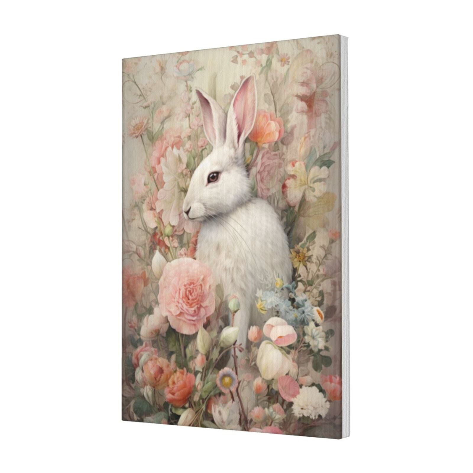 16x24 inch White Rabbit In The Flowers Retro Canvas Hanging Picture Home Bedroom Decor Wall Art Canvas Poster Exquisite Outdoor Yard Garden Painting Charm Gifts For Rabbit & Flower Enthusiast