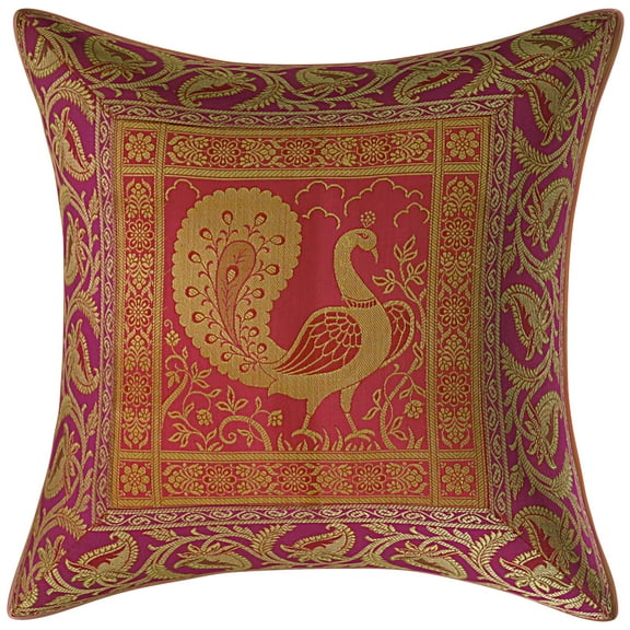 Stylo Culture Indian Decorative Sofa Brocade Magenta And Gold Throw Pillow Covers 16x16 Jacquard Weave Banarasi Christmas Pillow Case Covers Dancing Peacock Floral 40x40 cm Cushion Covers (1 Pc)