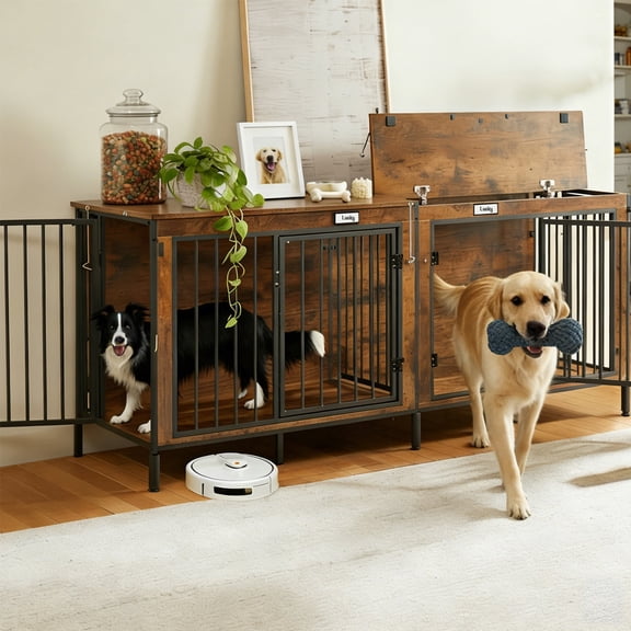 Extra Large 78" XXL Dog Crate with Removable Divider, 400LB Capacity Heavy Duty Furniture Kennel for 1-2 Dogs, Wooden Pet Cage with Flip-Top, Entertainment Center, Dog House TV Stand & End Table