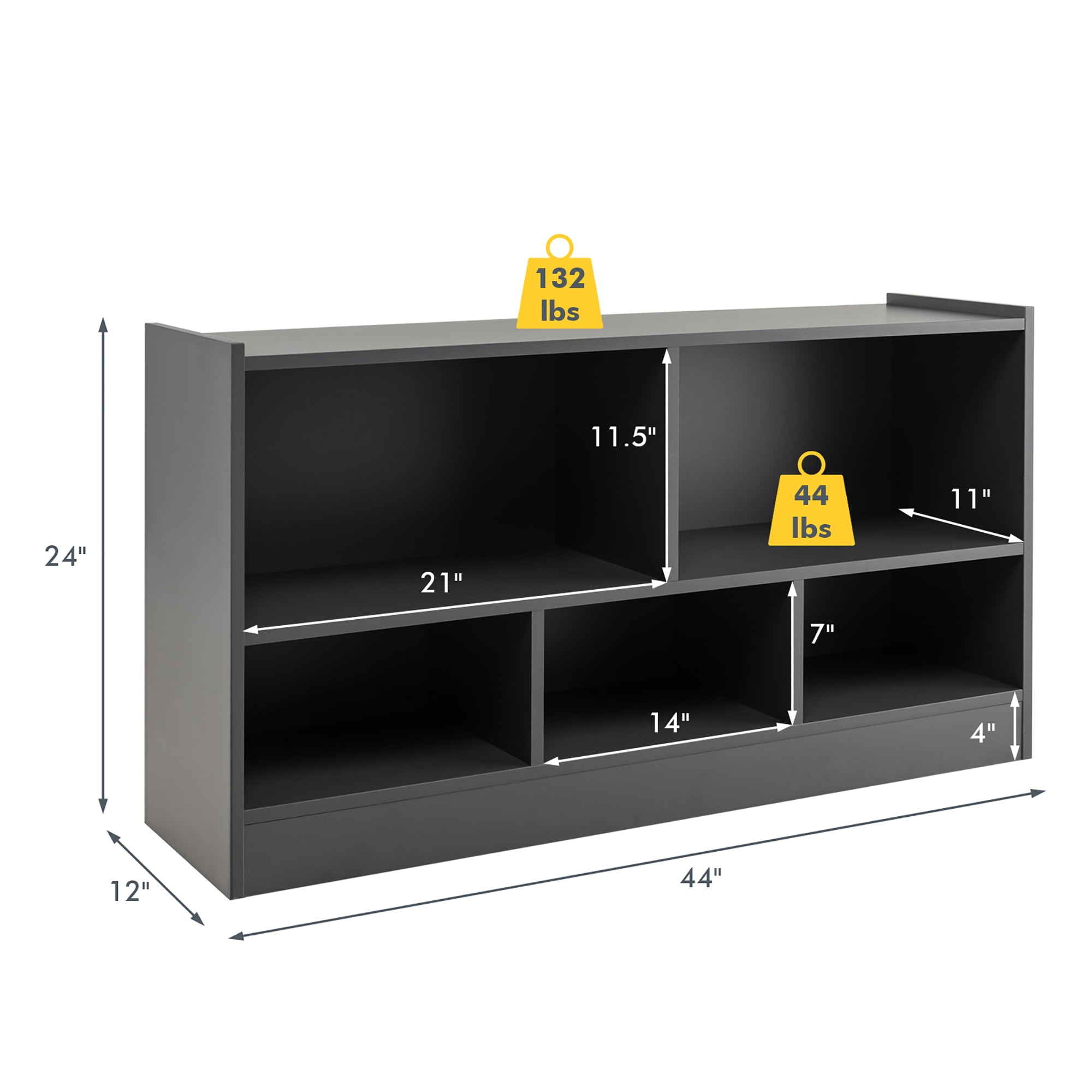 Gymax Kids 5-Cube Storage Cabinet 2-Shelf Wood Bookcase Organizer Grey