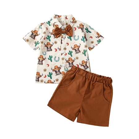 

Toddler Kid Baby Boy Western Outfit Cow Print Short Sleeve Button Bowtie Shirt Casual Shorts Set Cowboy Gentleman Outfits