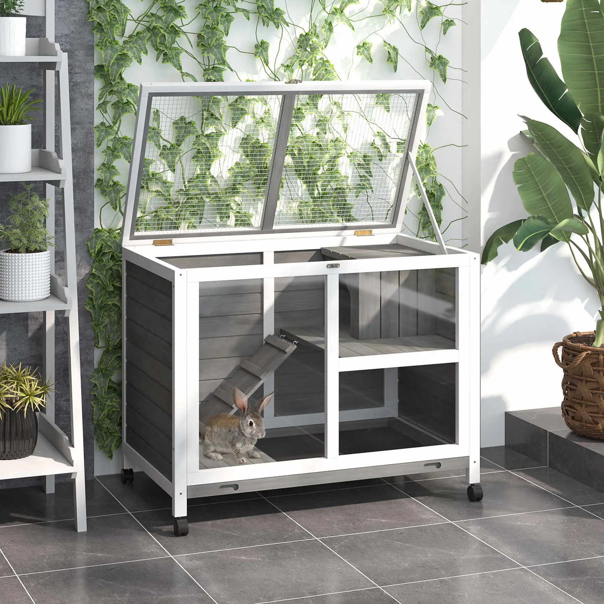 Pefilos 36" Wooden Rabbit Hutch with Run, Wheels, Removable Tray and Openable Top, Bunny Cage for Indoor and Outdoor, Gray