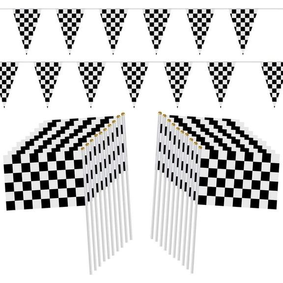 100ft Black and White Checkered Flag Banner Racing Birthday Decorations and 20Pcs 11.8 Inch Racing Flags, for Nascar Cars Party Supplies