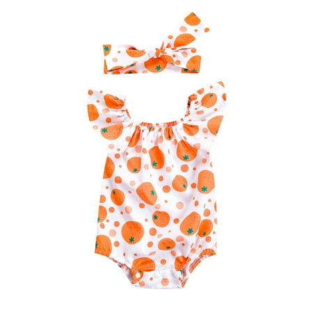 

Baby Summer Flying Sleeve Crawling Suit Flower Fruit Print Headband Casual Going Out For 0 To 36 Months 12-24 Months