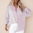 thumbnail image 2 of vigerkar Women's Striped Button Down Shirts Long Sleeve Smocked Cuffed Oversized Boyfriend Blouses Collared Business Work Tops Light Purple, L, 2 of 8