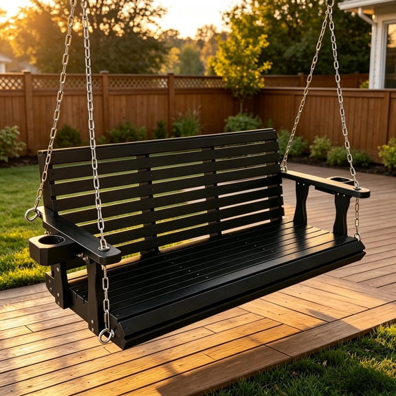 Innovaze 5 Ft Outdoor Wooden Porch Swing with Cupholders, Heavy Duty 880 LBS for 3 Seater,All-Weather resistant, Black