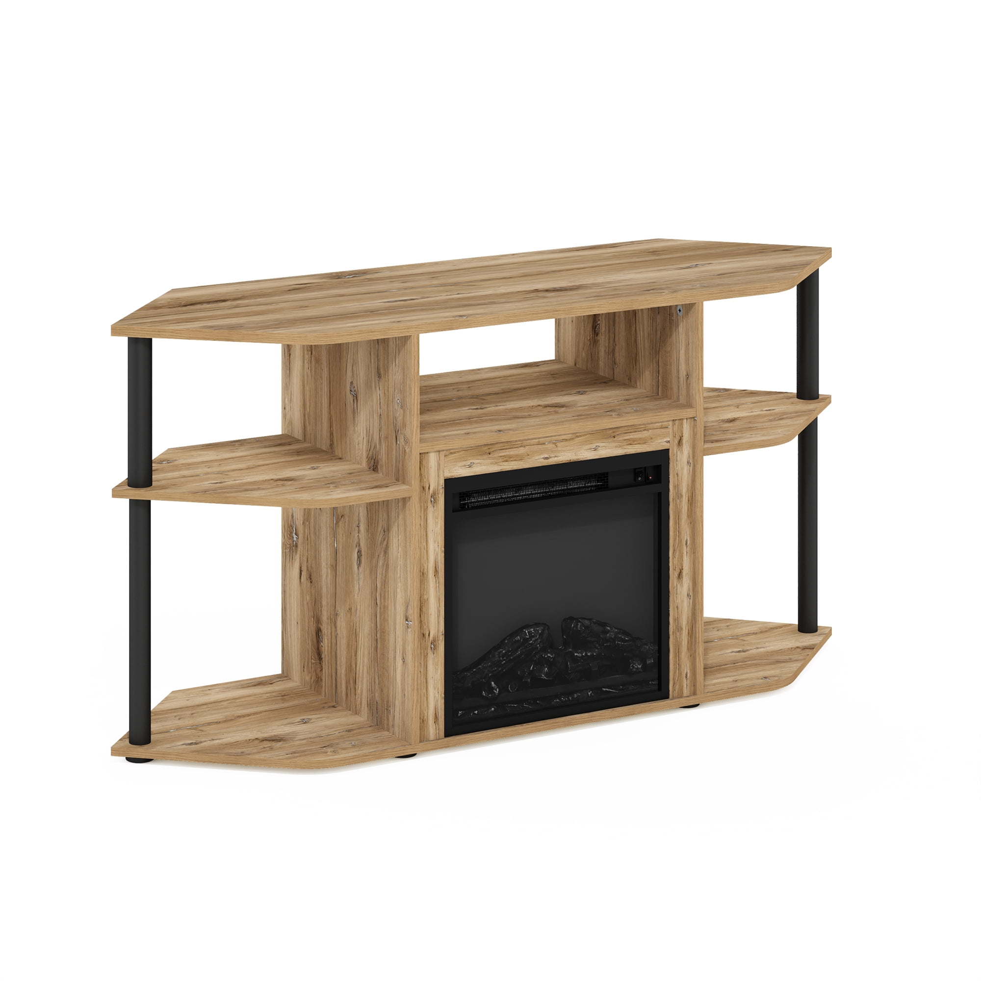 Furinno Jensen Open Storage Corner Fireplace TV Entertainment Center with Plastic Poles for TV up to 55 Inch, Flagstaff Oak/Black