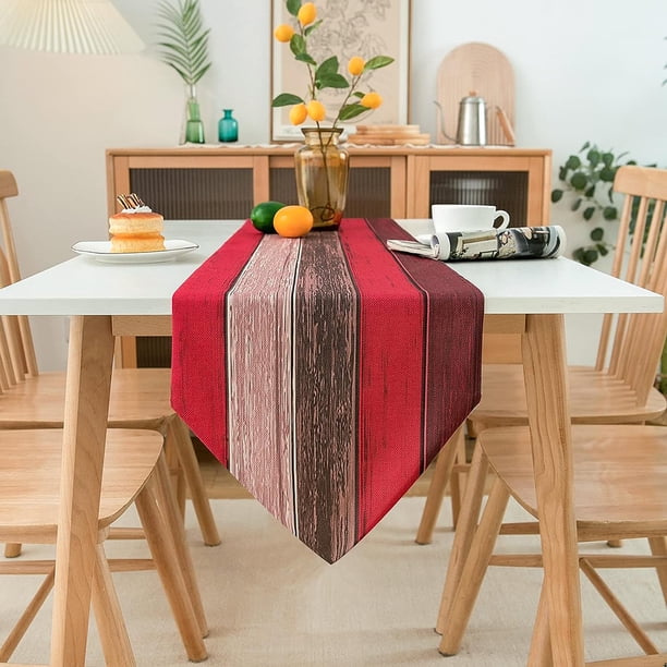Camino de Mesa Rojo Naranja Lino Moderno Textura de Madera Raya Granja Rústico Retro Marrón 33x183cm Camino de Mesa de Yute para Mesa de Comedor Granja Fiesta Picnic Decoración de Cocina Gratis