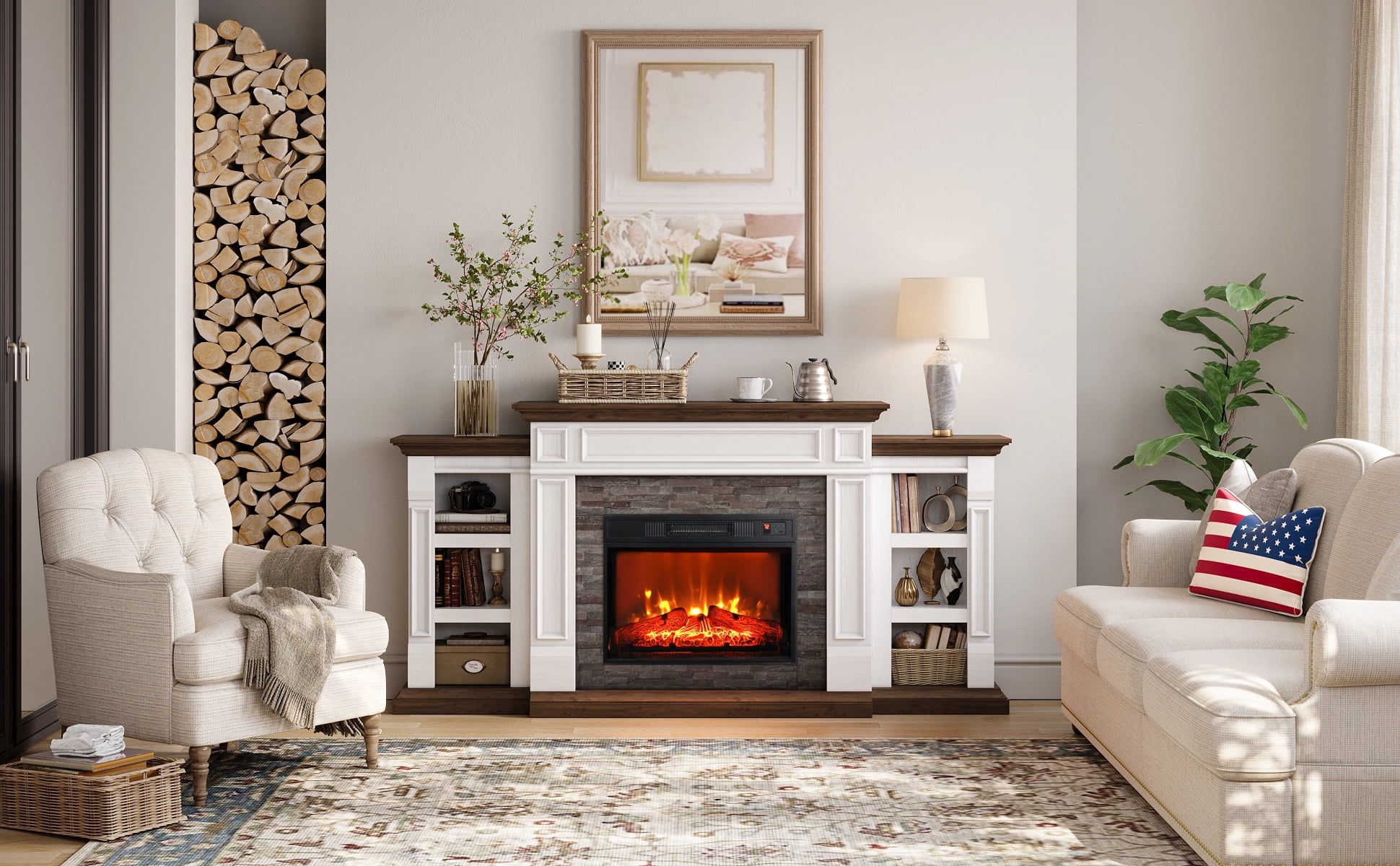 LGHM 70" Electric Fireplace TV Stand with Mantel, Farmhouse Entertainment Center for TVs up to 80", White & Brown
