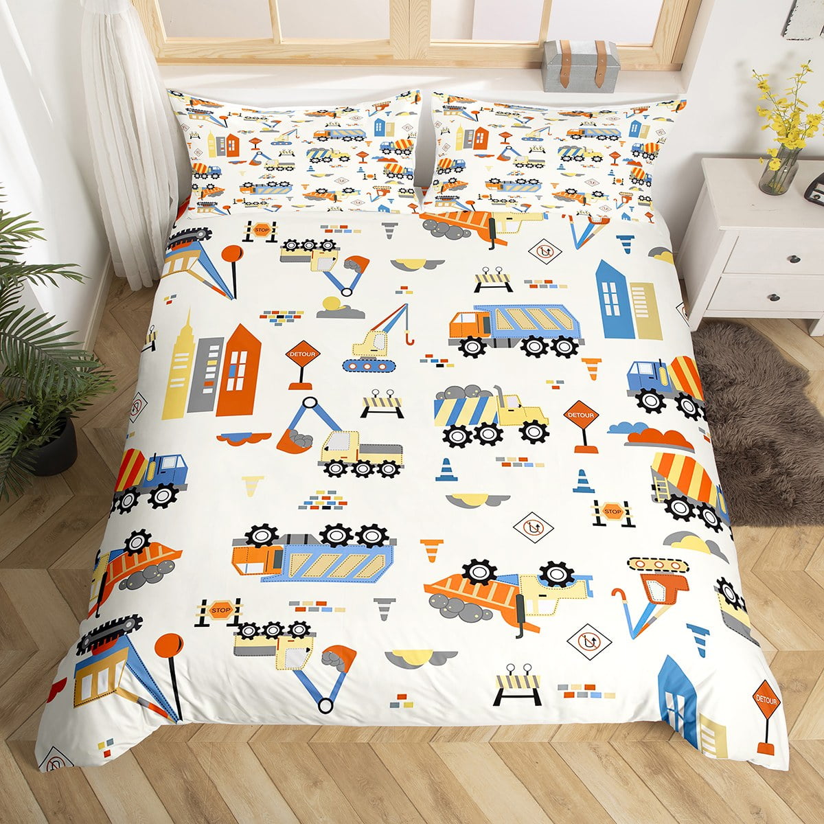 YST Cute Truck Duvet Cover Queen Toddler Kids Tractors Bedding Set for
