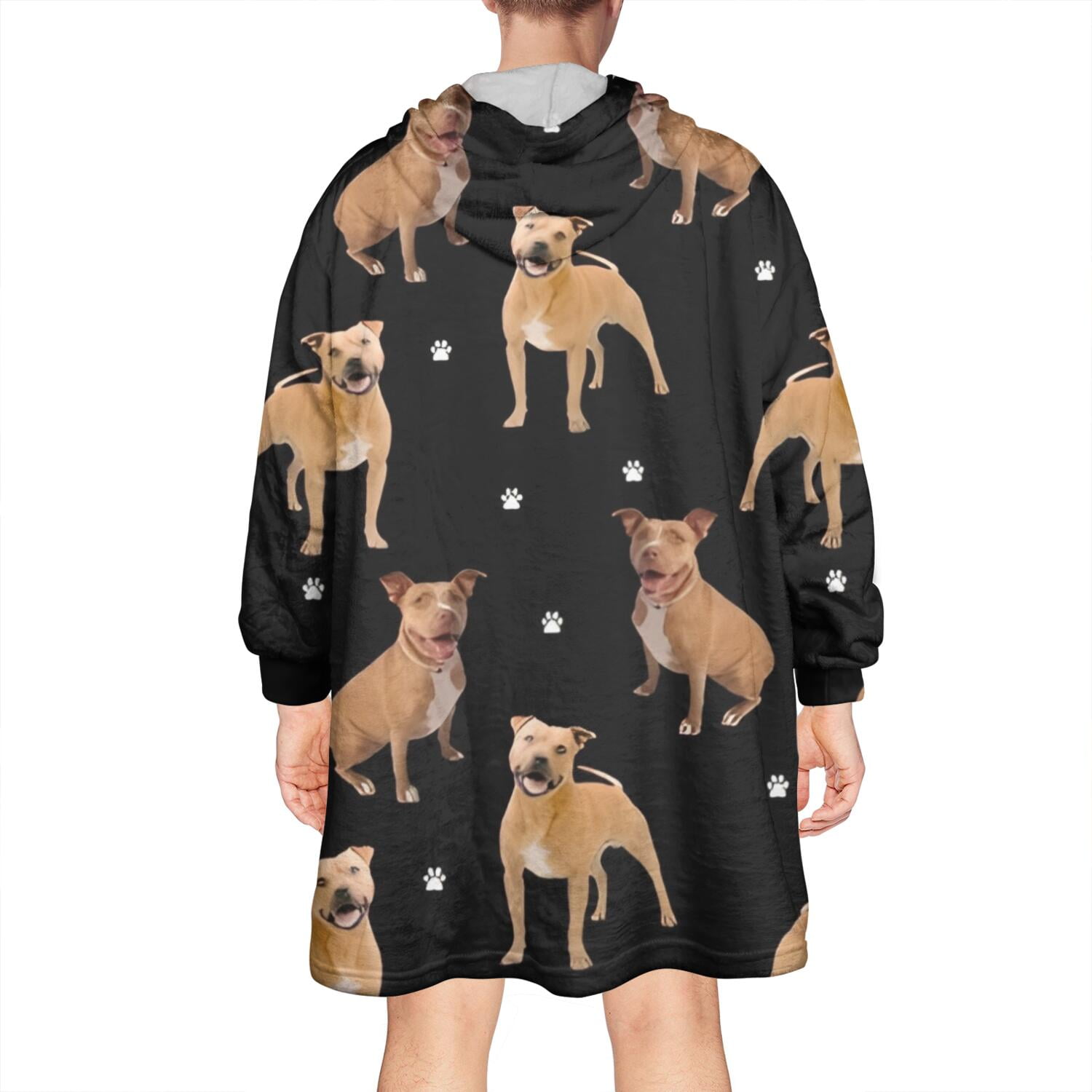 Pitbull Dog and Footprint Wearable Oversized Blanket,Wearable Blanket Hoodie for Adults,Cozy Hooded Blankets with Super Pockets,Super Warm Fuzzy Pullover for Women & Men