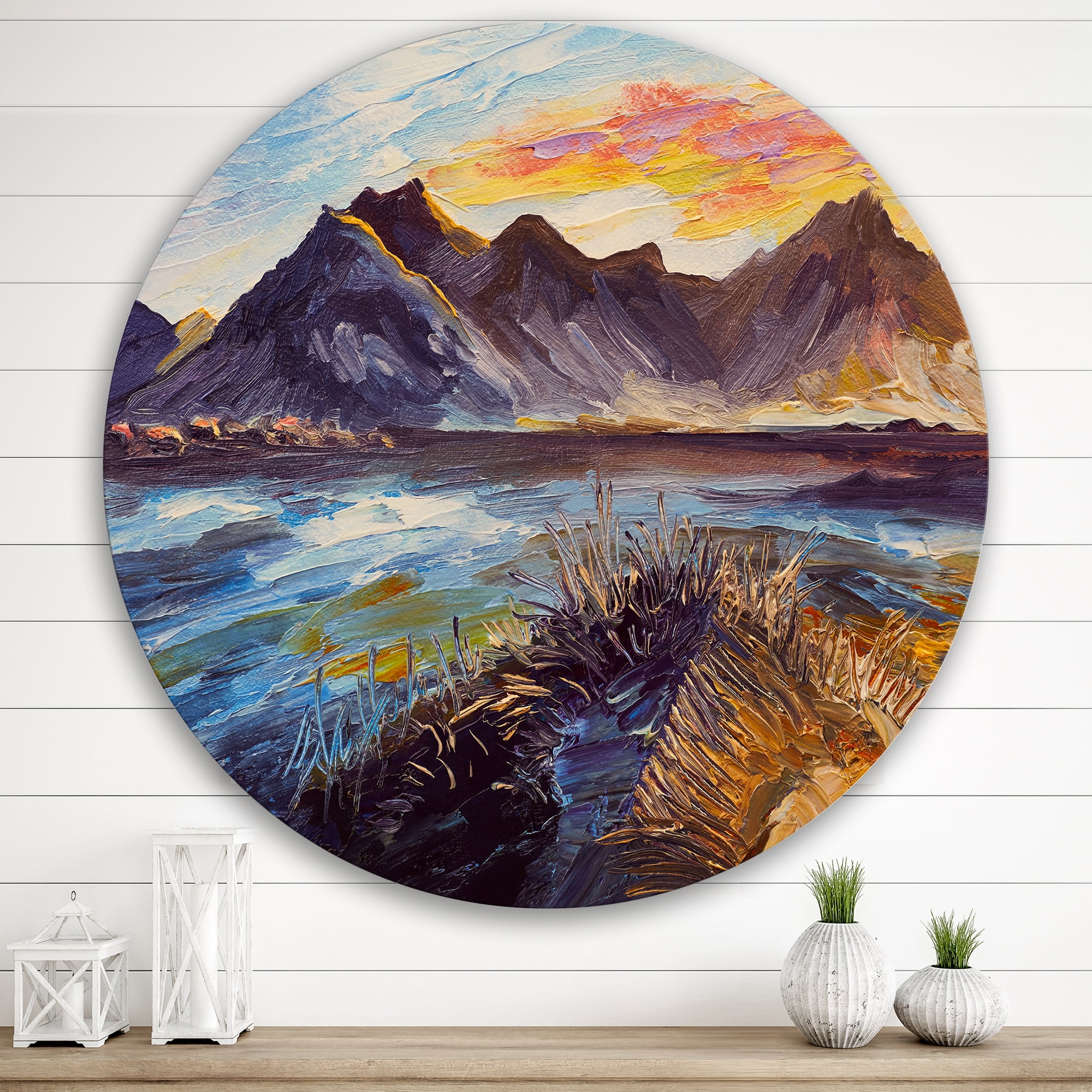 Designart 'Impression Pink Sunset Over The Mountains By The Sea' Nautical & Coastal Circle Metal Wall Art 36x36 - Disc of 36
