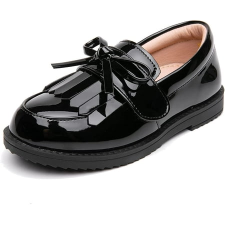 

Yazi Girl’s Patent Leather Loafer Tassel Bow Flats with Hook-and-Loop Fastener School Uniform Dress Shoes for Girls