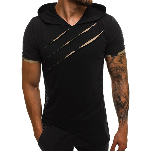 Camiseta con Capucha para Hombres, Moda de Verano Casual Cobre Camuflaje Top de Fitness Personalizado con Pliegues, Camiseta Atlética de Manga Corta