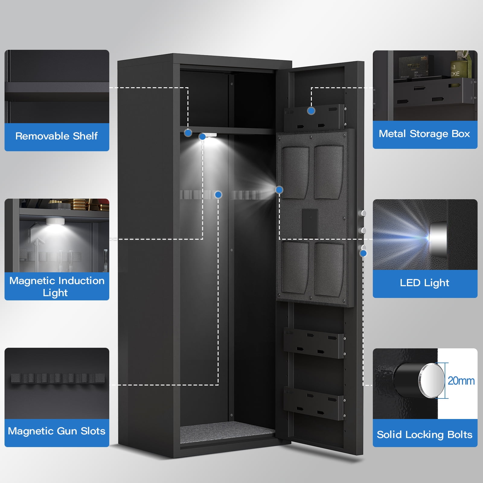 10-12 Unassembled Large Gun Safe for Pistols, Gun Safe with Removable Shelf and 3 Magnetic Gun Slots, Gun Cabinet with Magnetic Induction Light and Storage Bag
