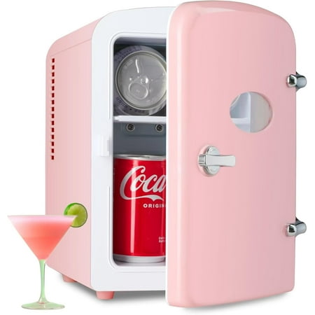 YSSOA Mini Fridge Personal Beauty Refrigerator, Freon-Free, Includes Plugs for Home Outlet & DC Charger, Dorm Room, 6 Can, 4L with Window, Pink