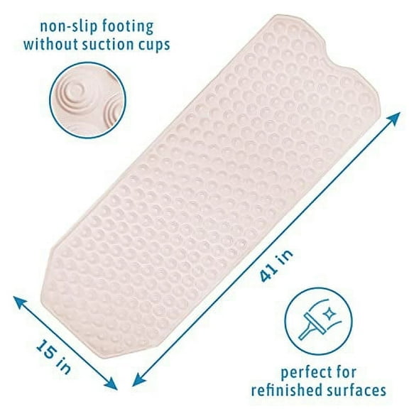 No Suction Cup Bath Mat for Refinished Bathtub, 41" X 15" , Soft White Vinyl