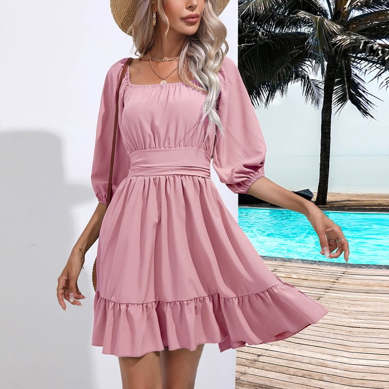 QUYUON Summer Mini Dresses for Women Square Neck 3/4 Sleeve Flowy Babydoll Mini  Short Beach Dress Pleated A-Line Ruffle Swing Tunic Dresses Club Party Dress  Style D-6502 Pink L - Walmart.com