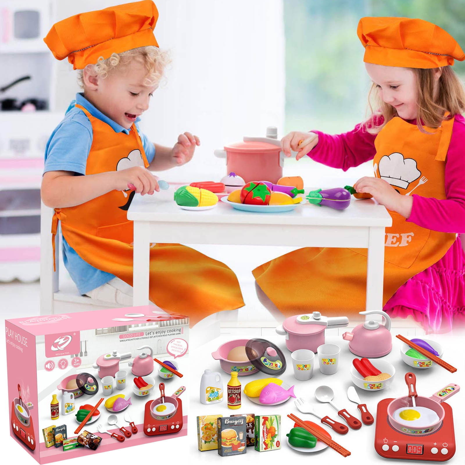 Children's Simulation Kitchen Toy Set Kitchen Set Pretend Play Kitchen Toy Stove Pot Spoon Vegetable And Fruit Storage Children's Chef Role Play Cooking Set