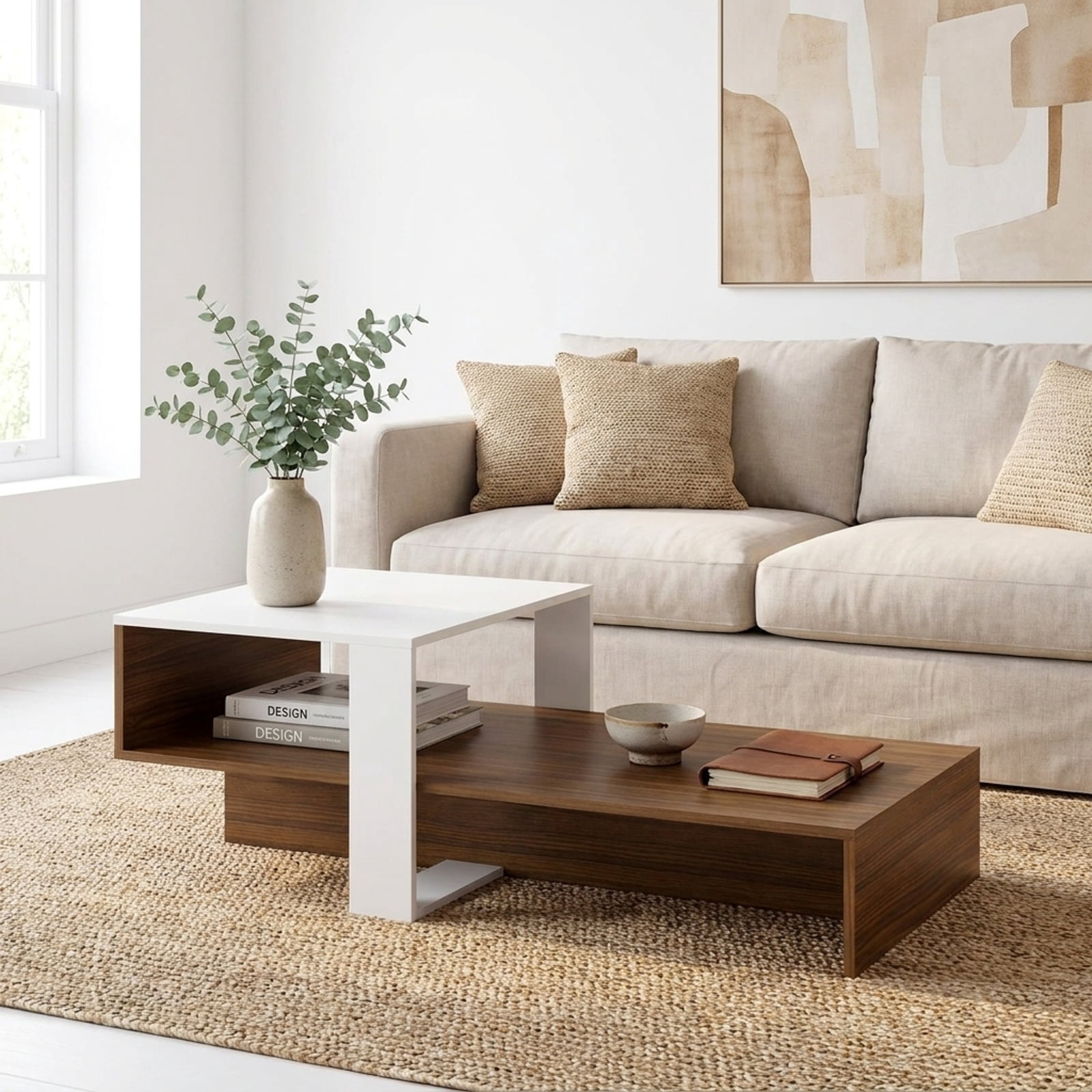 Furnibear 2 Tier Modern Irregular Coffee Table with Open Storage Shelf and Geometric Silhouette for Living Room for Home and Living Space, White and Brown