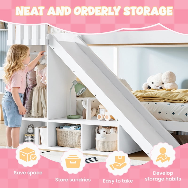 Full-Over-Full Size Kids Bunk Bed with Open Storage Shelves & Small Wardrobe, Wooden Princess Bed Frame with Ladder & Slide