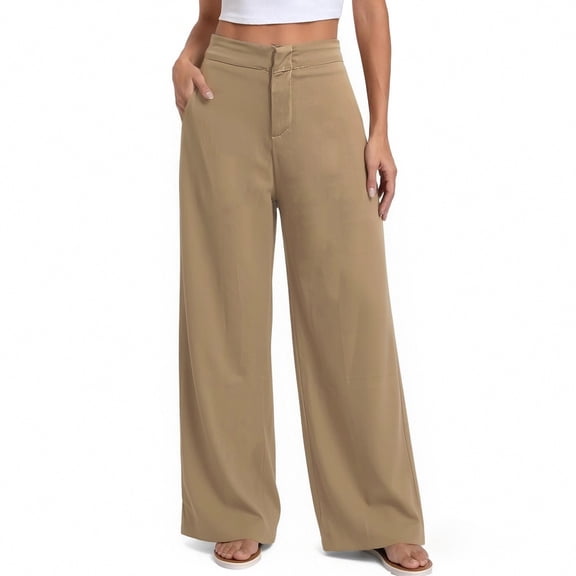 YUGYXL Women's High Waisted Wide Leg Dressy Pants Business Work Trousers, Flat Front Waist, Side Pockets Khaki Pants