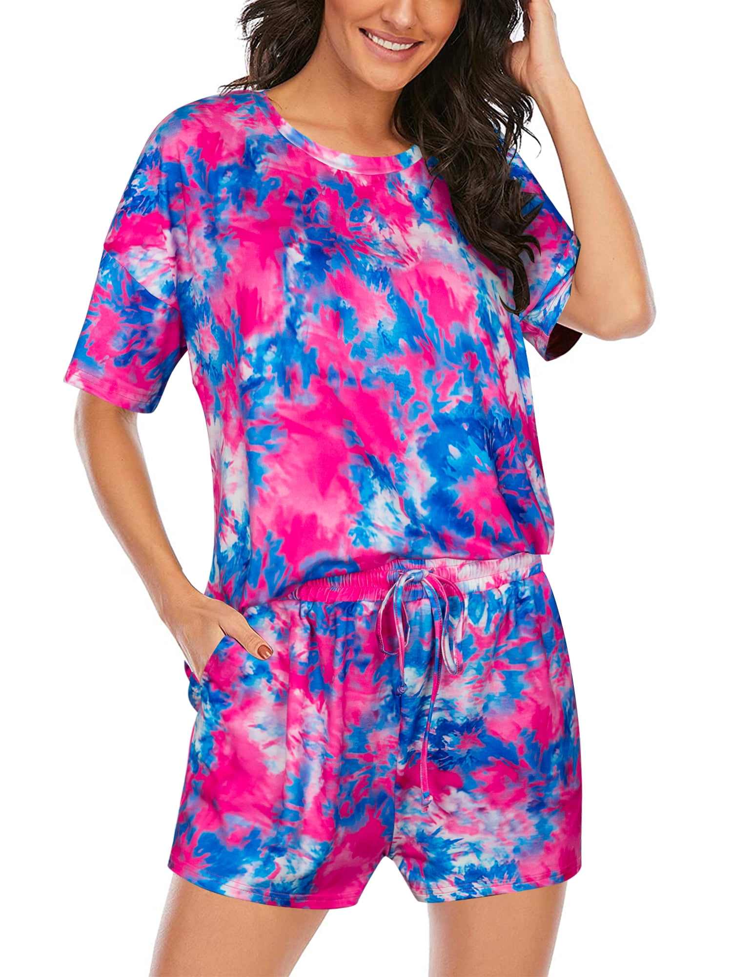 Women Plus Size Tie Dye Printed Pajama Sets Short Sleeve Tops and ...