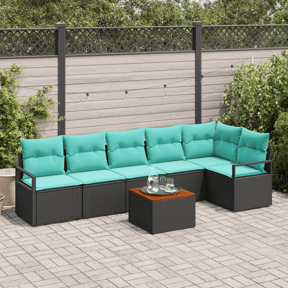 vidaXL 7 Piece Garden Sofa Set with Cushions Black Poly Rattan Acacia