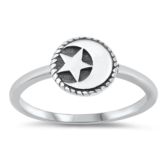 Crescent Moon Star Rope Circle Ring .925 Sterling Silver Band Jewelry Female Male Unisex Size 2