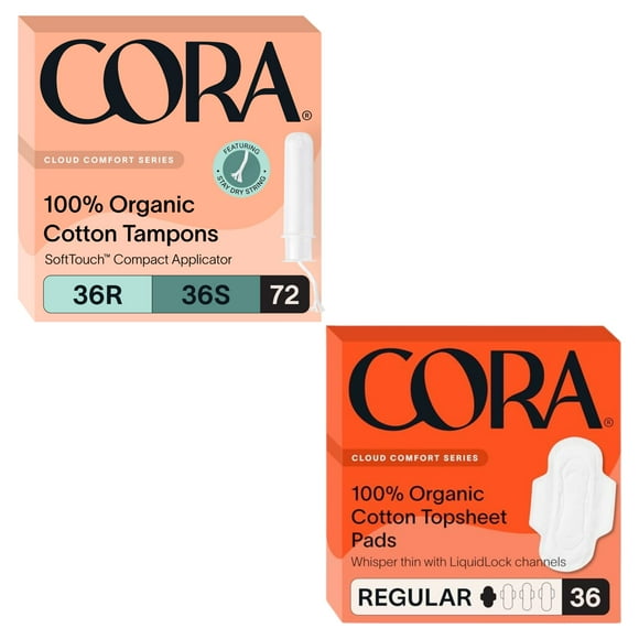 Cora Organic Feminine Care | Applicator Tampon Multipack and Regular Pads with Wings | Ultra-Absorbent, Unscented, Natural, Non-Toxic | 36R/S Tampons and 36 Regular Pads | Bundle Pack