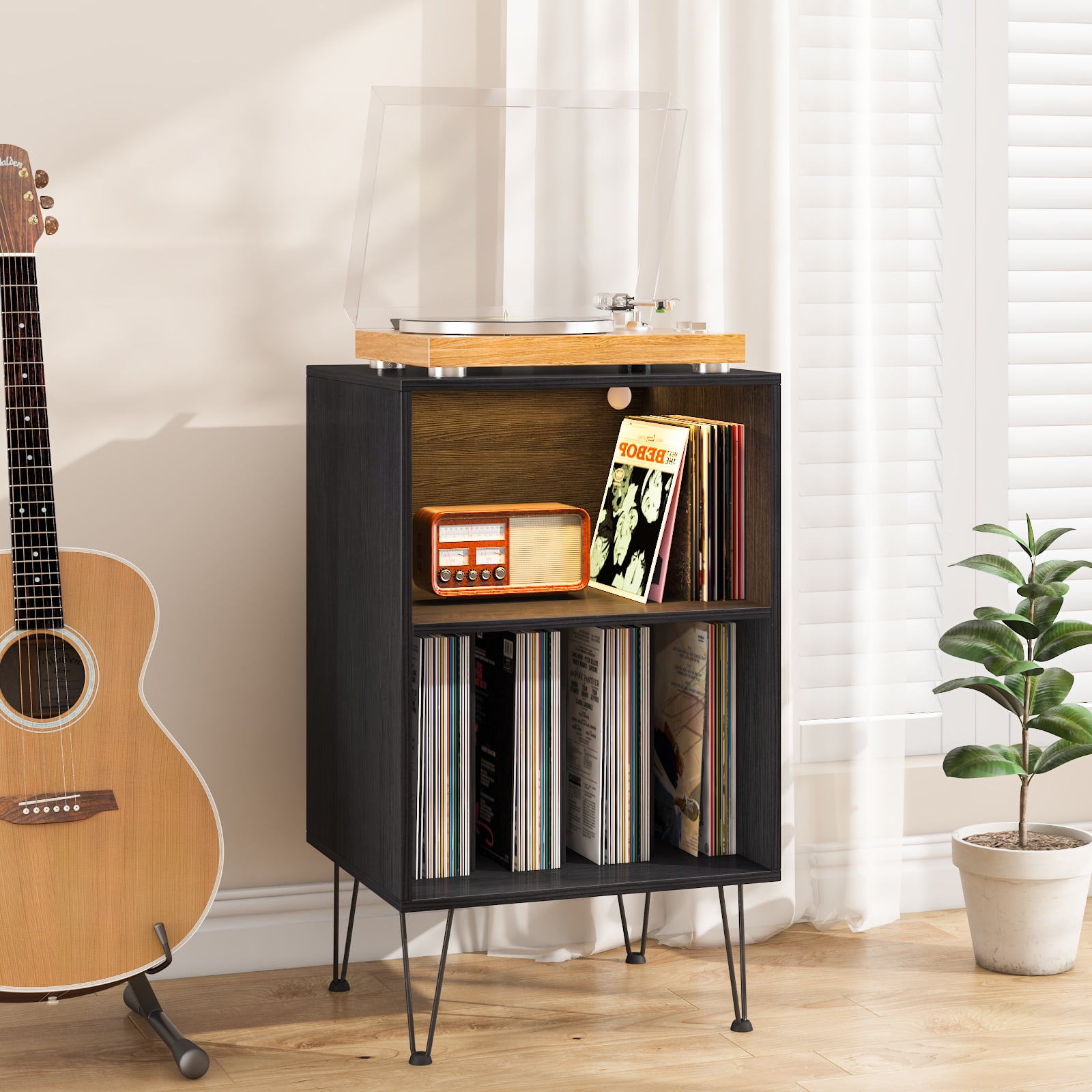 Hommpa Turntable Stand Black Record Player Stand with Vinyl Storage and LED Light Vinyl Record