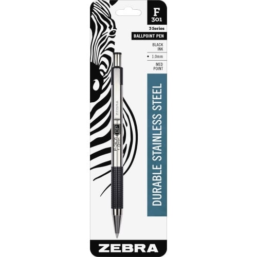 Zebra Pen F-301 Stainless Steel Pens Medium Pen Point - 1 mm Pen Point Size - Refillable - Retractable - Black - Stainless Steel Barrel - 1 Each