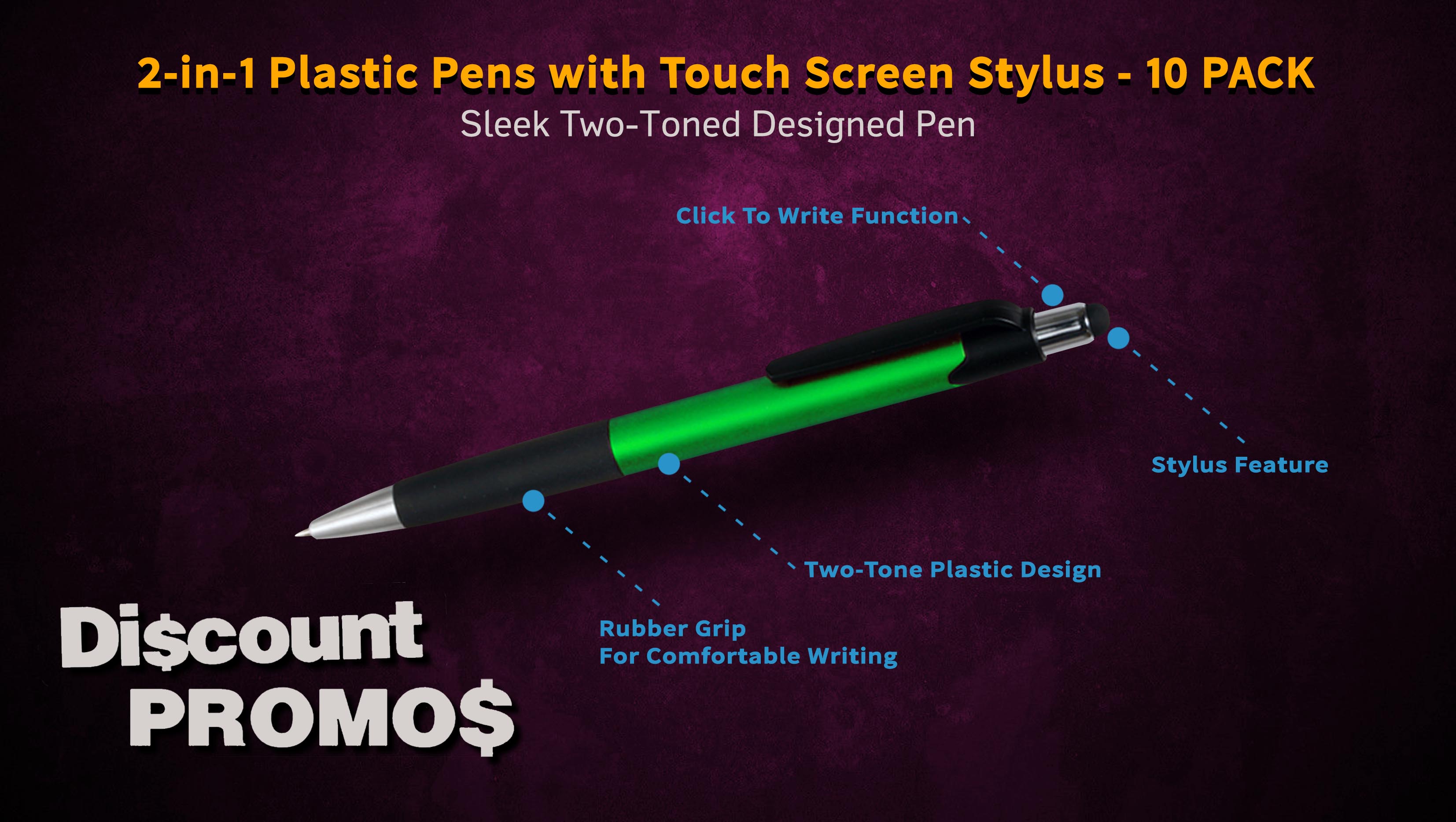 Pens with Touch Screen Stylus - 10 pack - Plastic Pens - Metallic Green