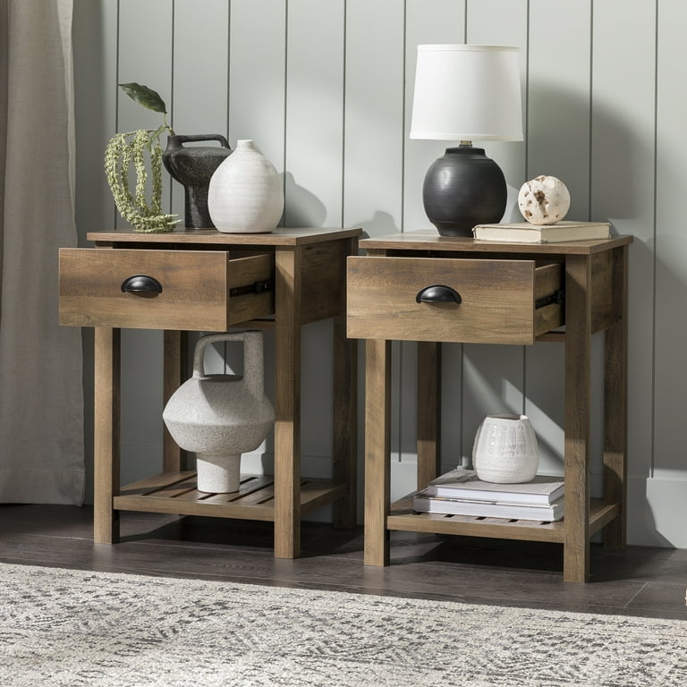Walker Edison Modern Farmhouse 1 Drawer End Table Set of 2 Rustic Oak