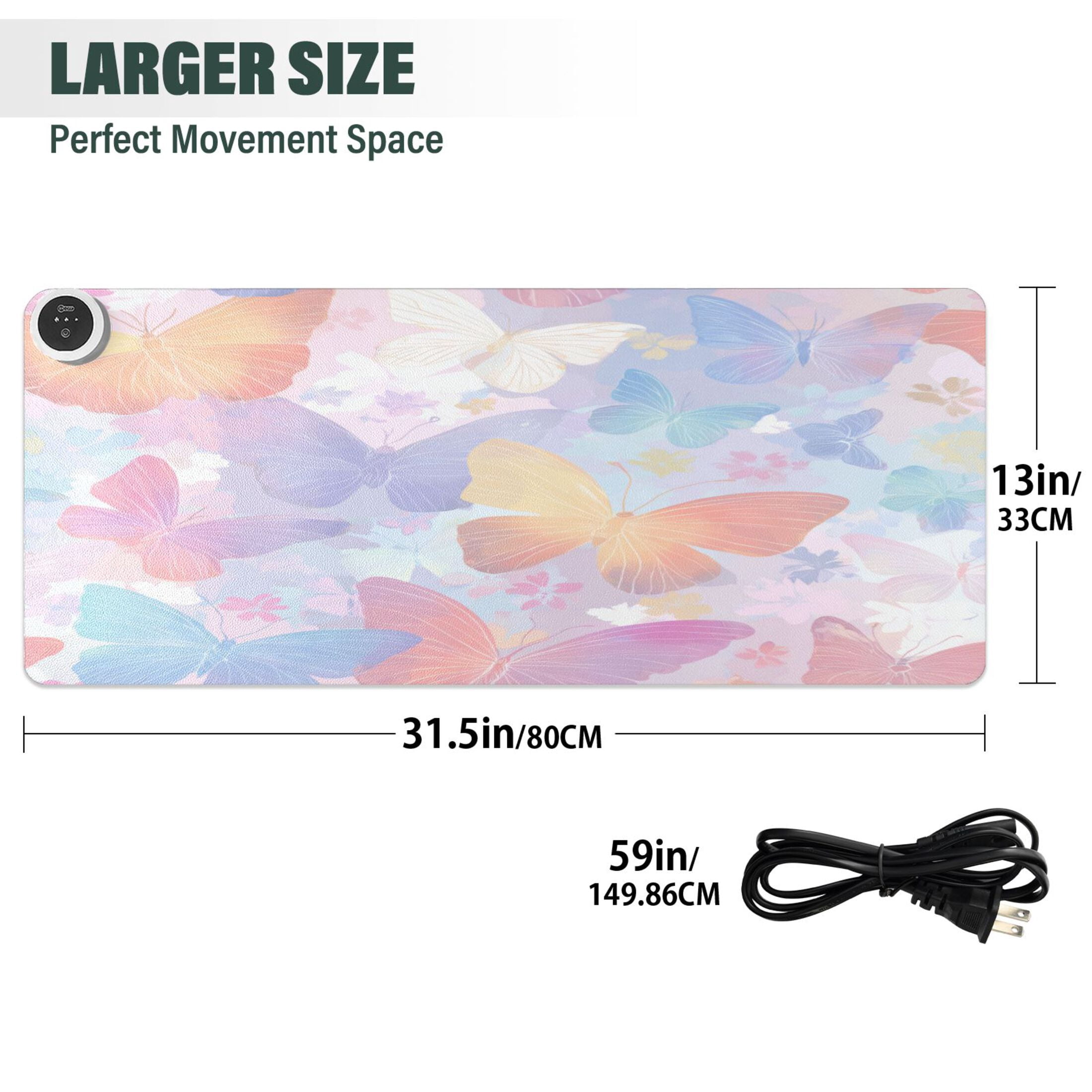 Large Heated Desk Mat Mouse Pad 31.5"x13"PU Leather Graphene Heating Desk Warmer with 3 Temperature Settings 110V US Plug Non-Slip Warm Pad for Home, Office, and Gaming Rainbow Pastel Butterfly Dance