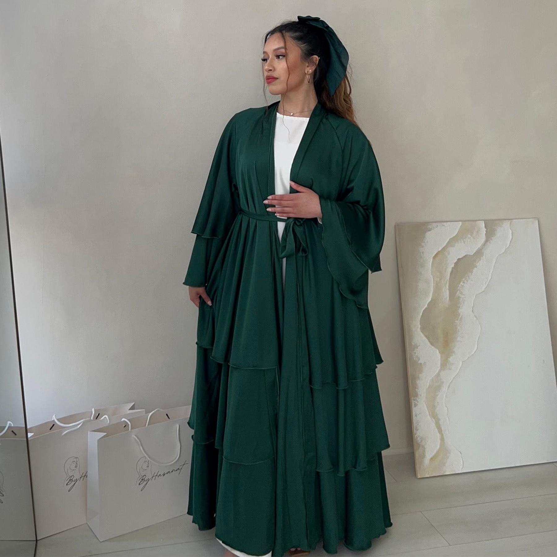 Eid Satin Abayas for Women Ruffles Cardigan Muslim Dress Dubai Turkey ...