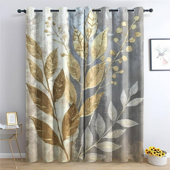 Leaf Blackout Curtains for Living Room Bedroom,Thermal Insulated Room Darkening Grommet Drapes, Gold and Silver Leaves Modern Window Treatments Home Decor-52"W x 45"L (Pack of 2)