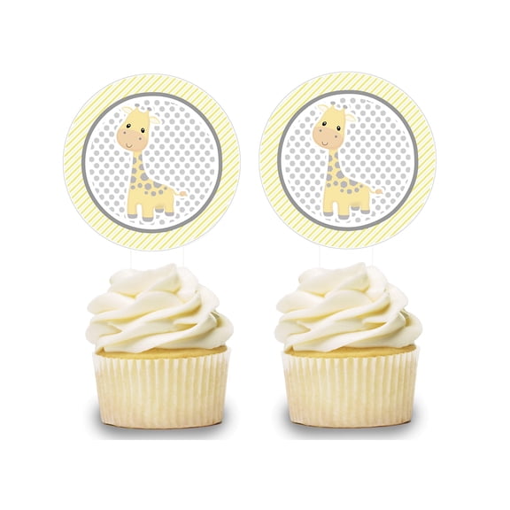 Gender Neutral Giraffe Cupcake Toppers 12 pcs Cake Picks, Baby Shower, Birthday Party Decorations Supplies, Yellow & Gray Baby Themed