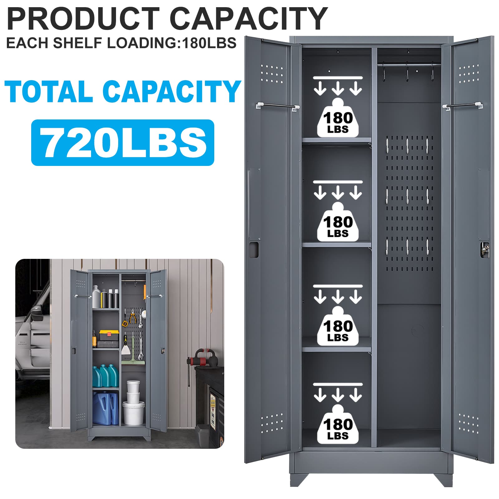 Aukfa 65" Metal Garage Storage Cabinets, Lockable Broom Closet Storage Cabinet with Shelves for Basement/Office/Laundry Room, Gray