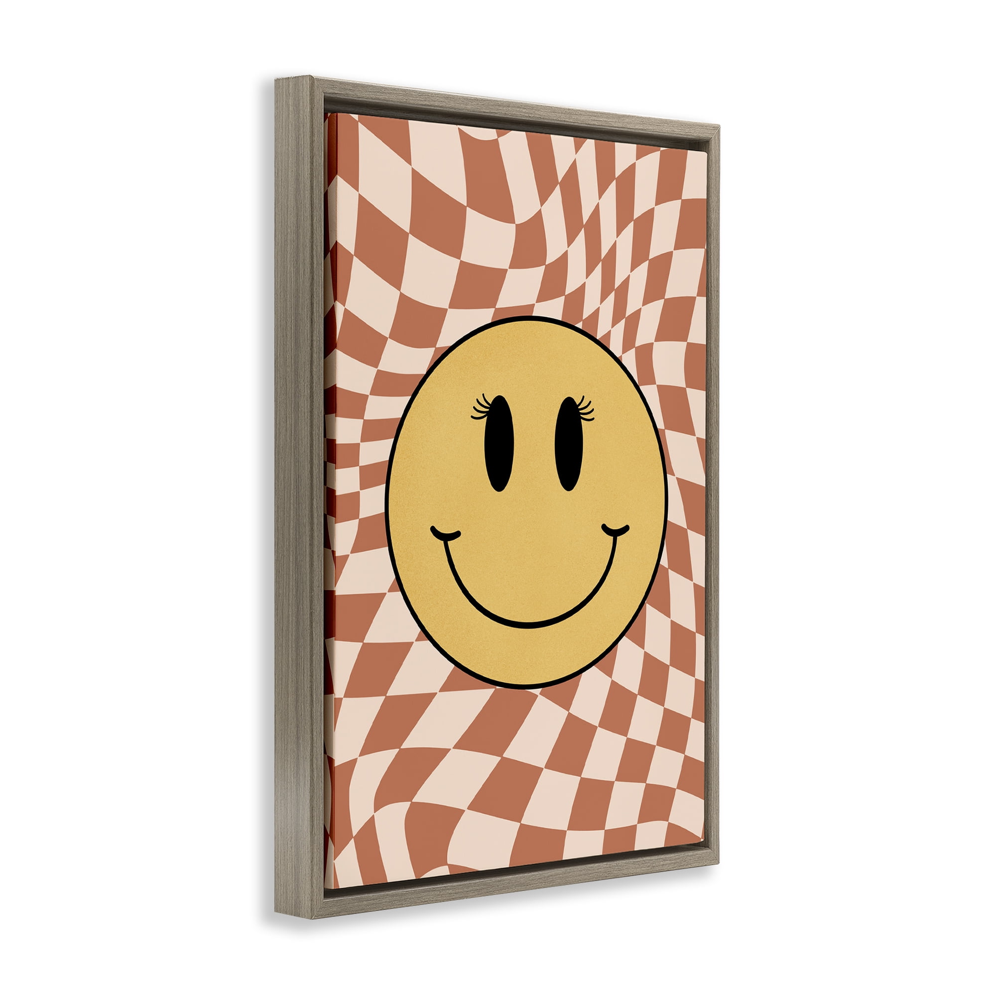 Stupell Industries Wavy Checkered Smiley Novelty Painting Brown Floater Framed Art Print Wall Art, 21 x 31