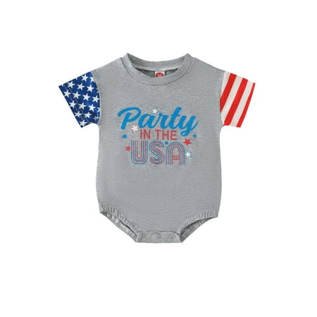 

Toddler Infant Baby Boy Girl 4th of July Romper Short Sleeve Round Neck Letter Print Patchwork Bodysuit Independece Day Jumpsuits