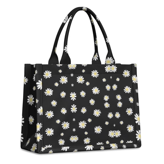 Large Capacity Tote Bag,Black Daisy Flower White Blooms Pattern Handbag Fashion Luxury Tote Bag,15.7"x13"x 5.1" Inches,Laptop Compatible