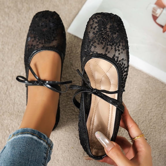 Casual Shoes for Women Elegant Lace Flat Shoes For With Pointed Toe And Mesh Detail Comfortable Everyday Casual Footwear,Black,CN:37(US:6.5)