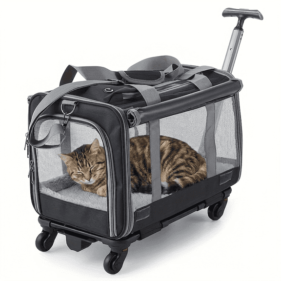 4-Wheel Rolling Pet Carrier for Cats & Small Dogs, Collapsible Travel Carrier with Telescopic Handle & Breathable Mesh